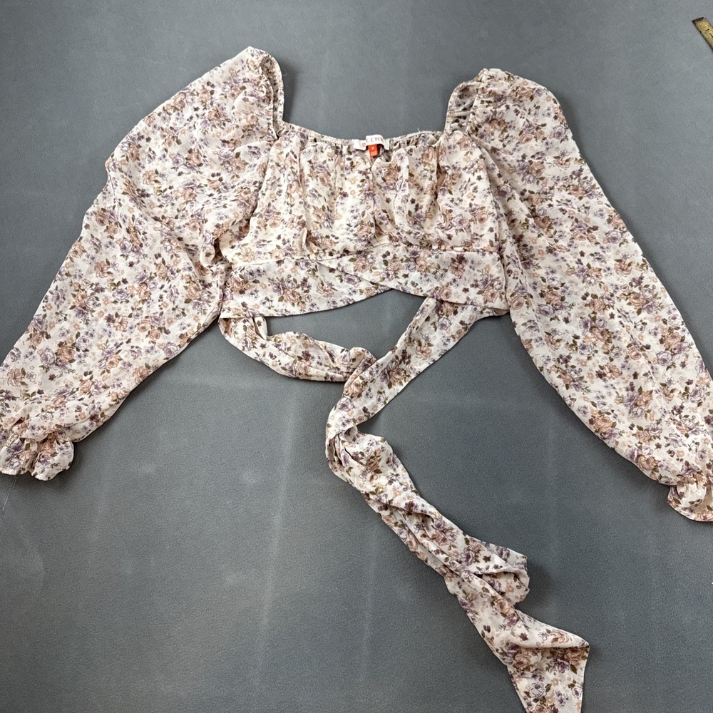 Mele e Pere Womens M Floral Crop Top Open Back Tie Puff Sleeve Cottagecore